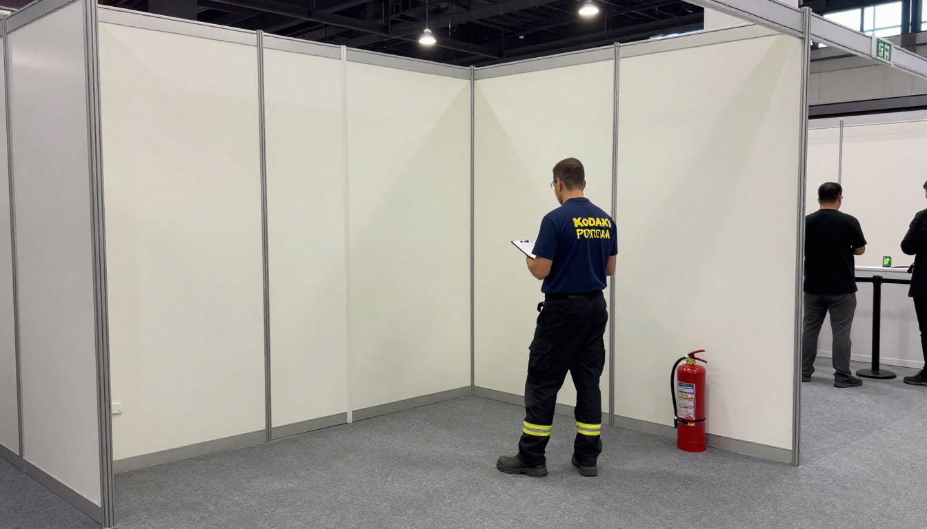 Fire marshal inspecting a booth with a clipboard