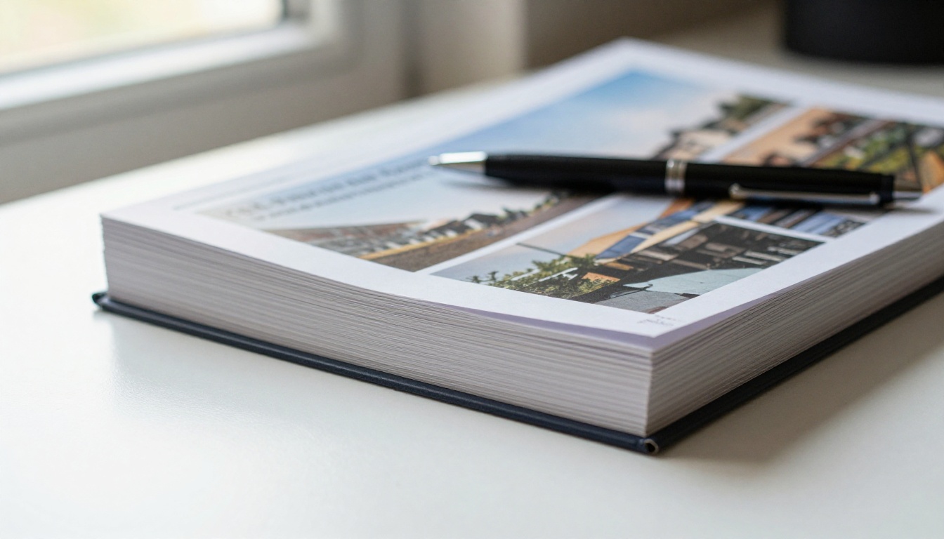 Stack of printed annual reports with a bookmark and pen