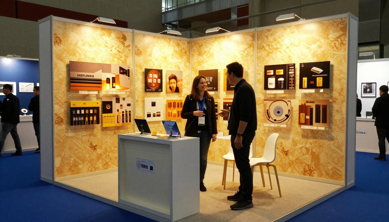 Completed trade show booth on opening morning with an exhibitor welcoming a visitor