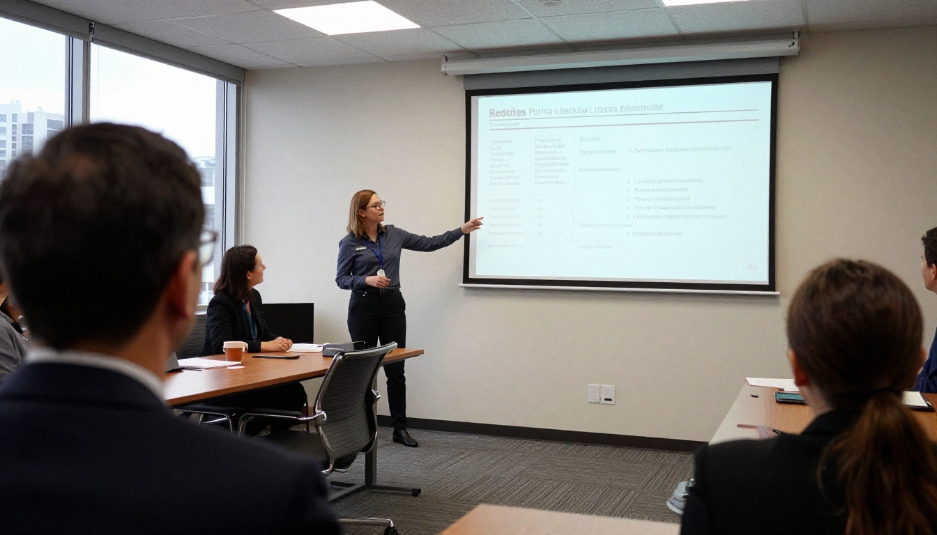 City staff presenting a budget on a wall screen in a conference room
