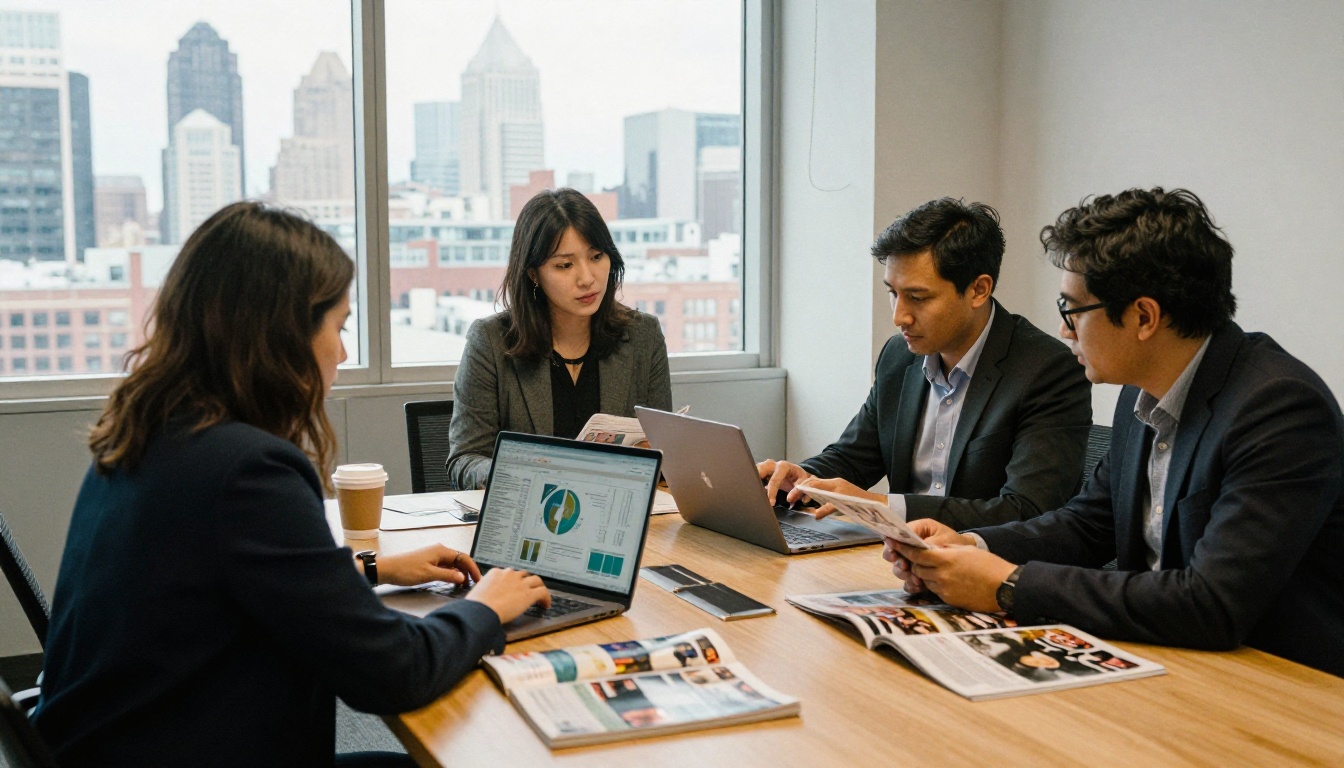 Tourism marketing team reviewing reader analytics beside printed magazine pages