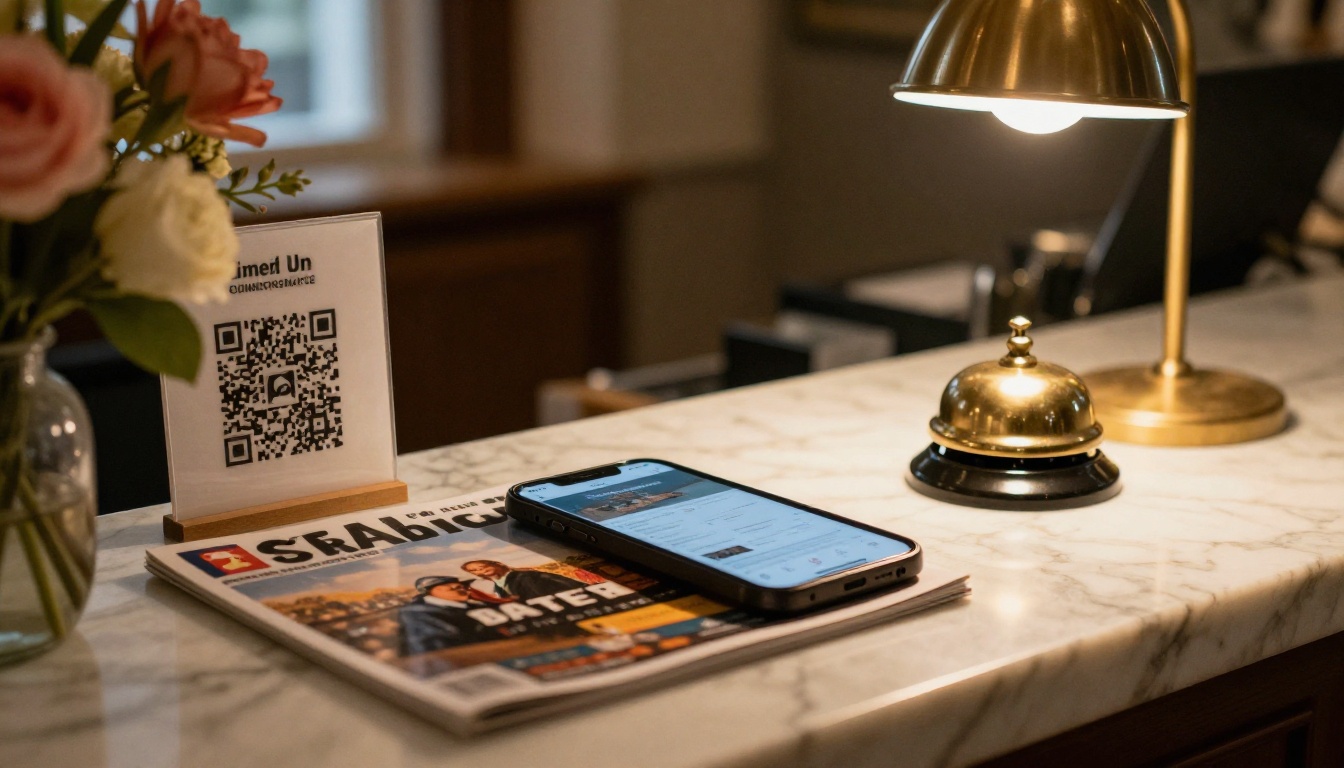 Boutique hotel reception desk with a smartphone showing a destination magazine and a QR card
