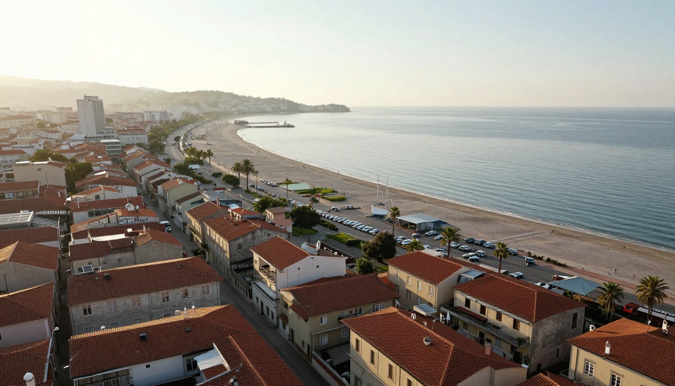 Aerial view of a coastal city with terracotta rooftops and a marina