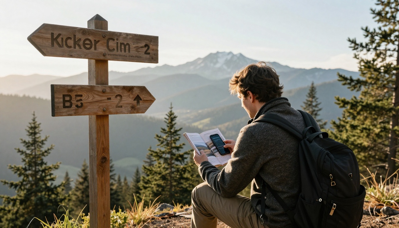 Couple at a mountain trailhead reading a digital hiking magazine on a phone