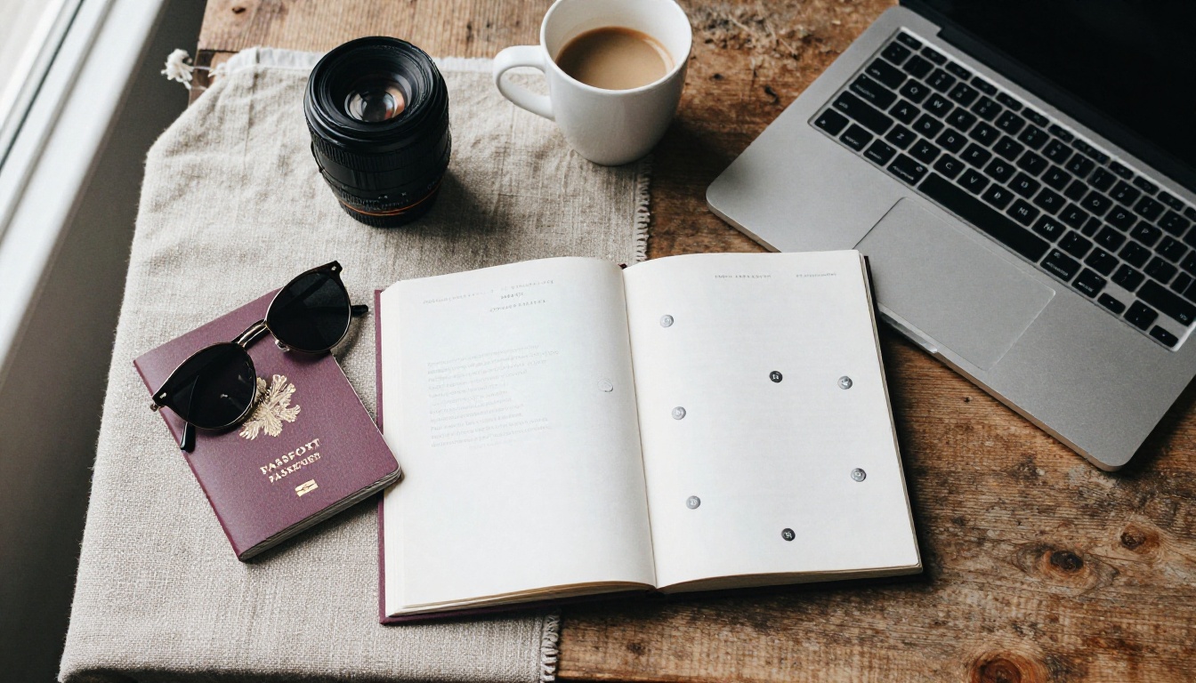 Flat lay of a travel magazine, passport and laptop displaying a flipbook