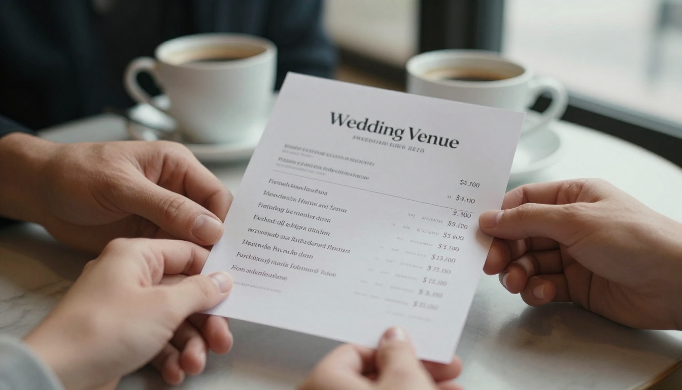 A couple reviewing a printed wedding venue price sheet