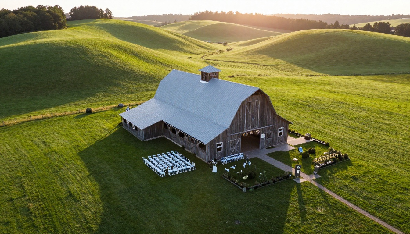 Aerial view of a barn wedding venue with a ceremony lawn