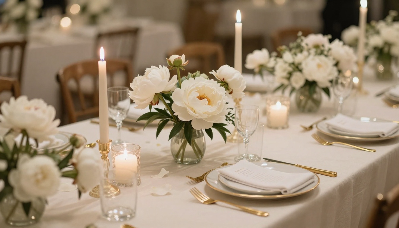 A romantic reception table with candles and white peonies