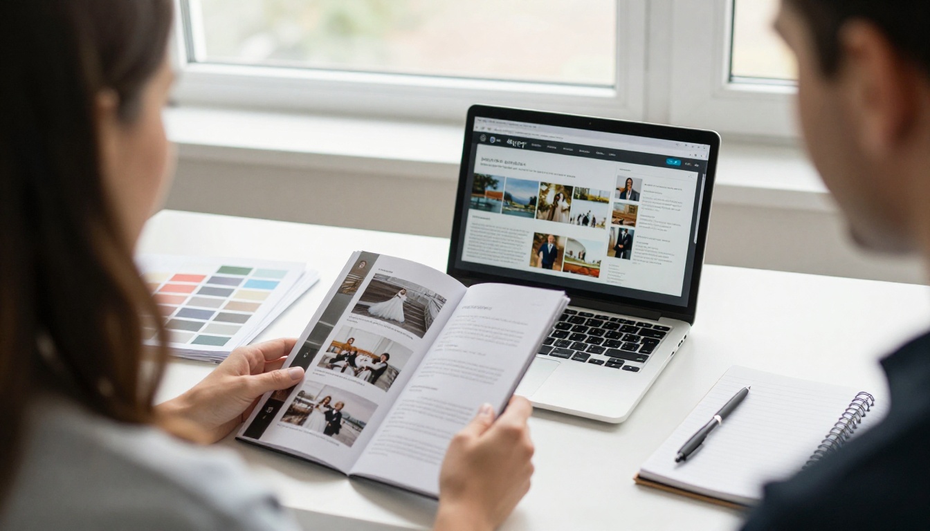 A couple at a table with a venue coordinator sliding a brochure across