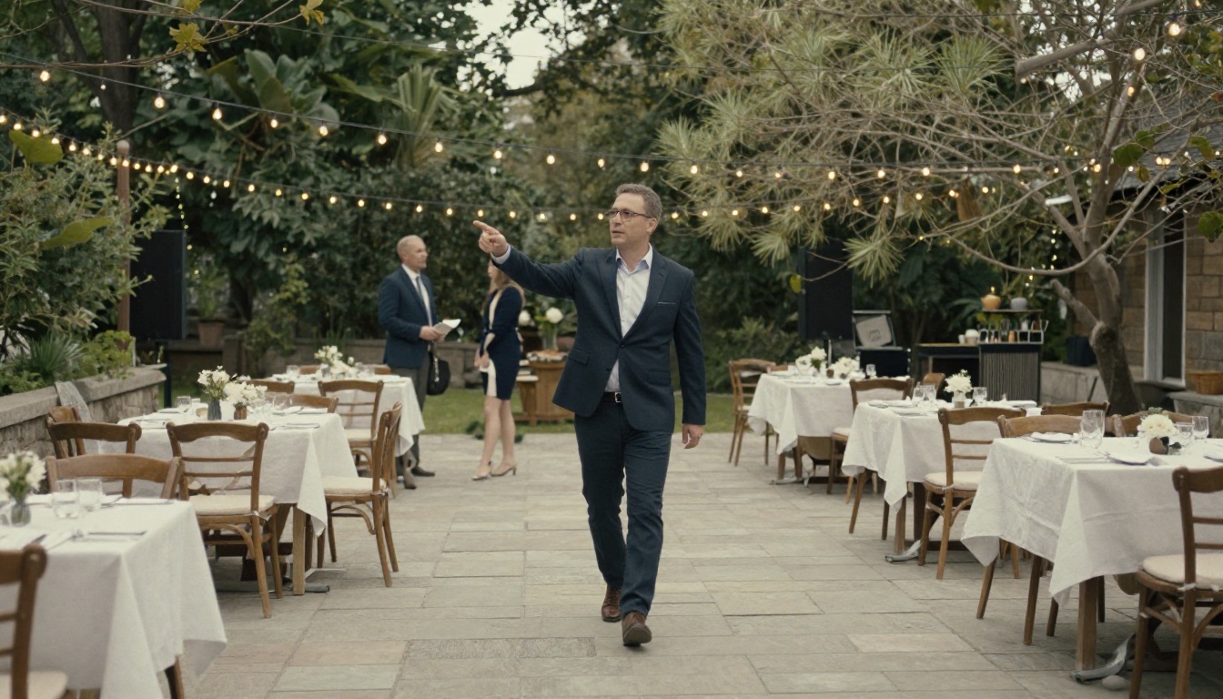 A venue manager walking a couple across a stone terrace