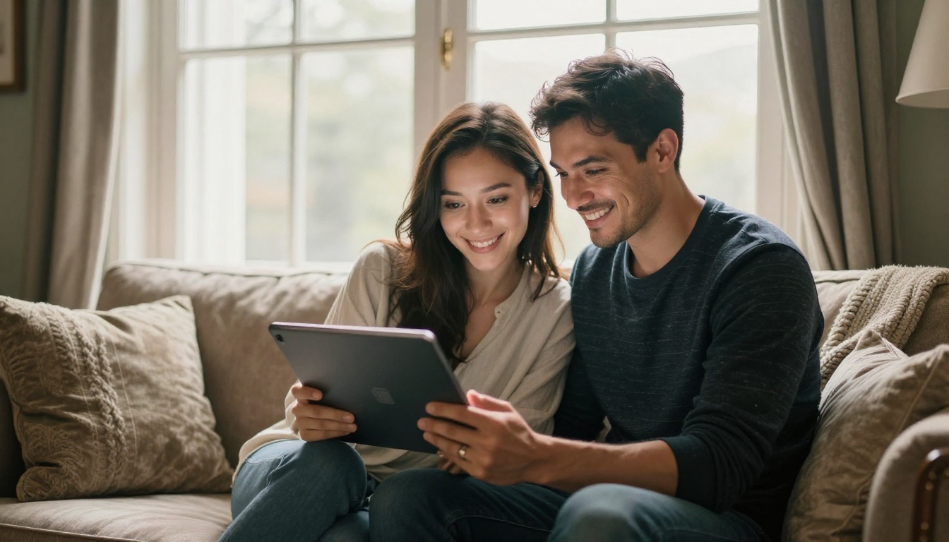 A couple smiling at a tablet showing a brochure in a bright lounge