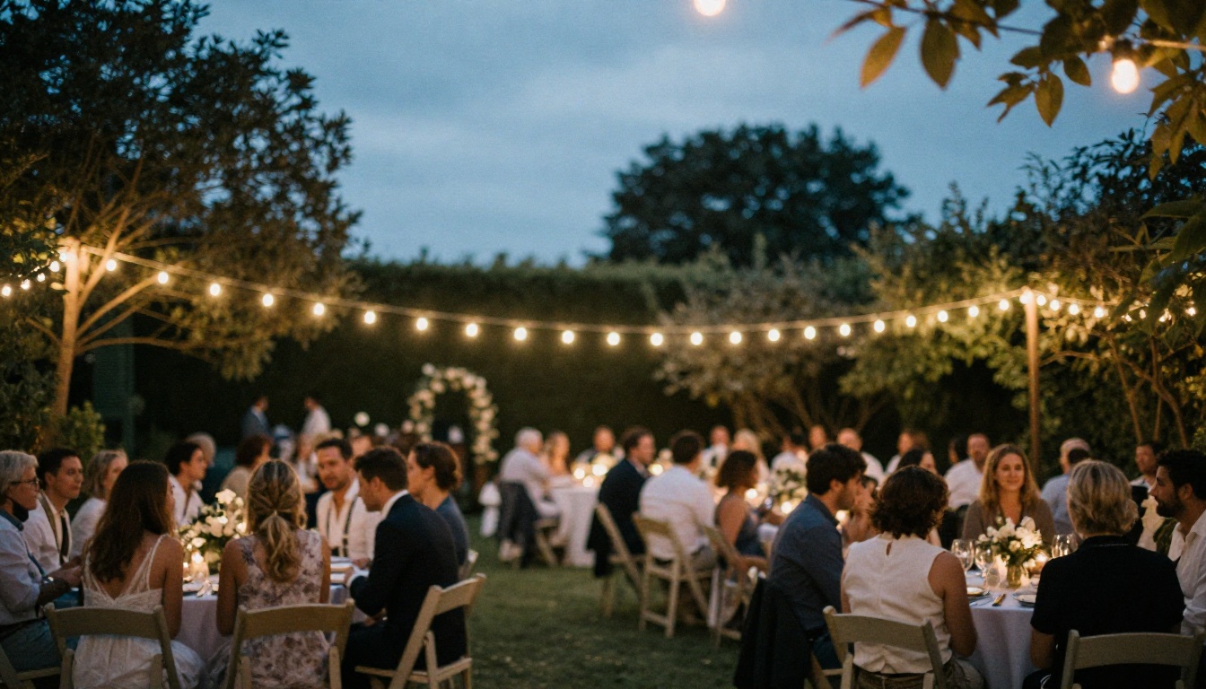A garden reception at dusk with warm string lights