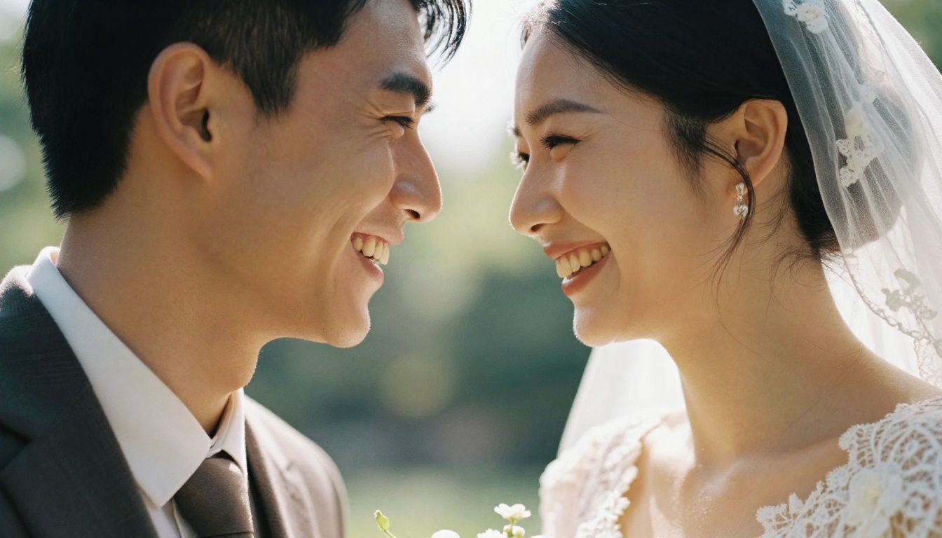 A bride and groom laughing together in a sunlit courtyard