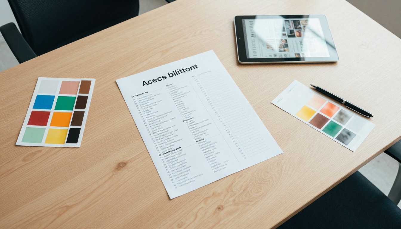 An aerial view of a printed accessibility checklist beside a tablet