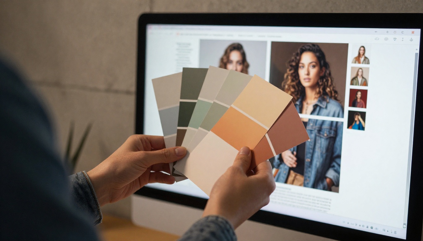 A designer comparing colour swatches against high contrast magazine text