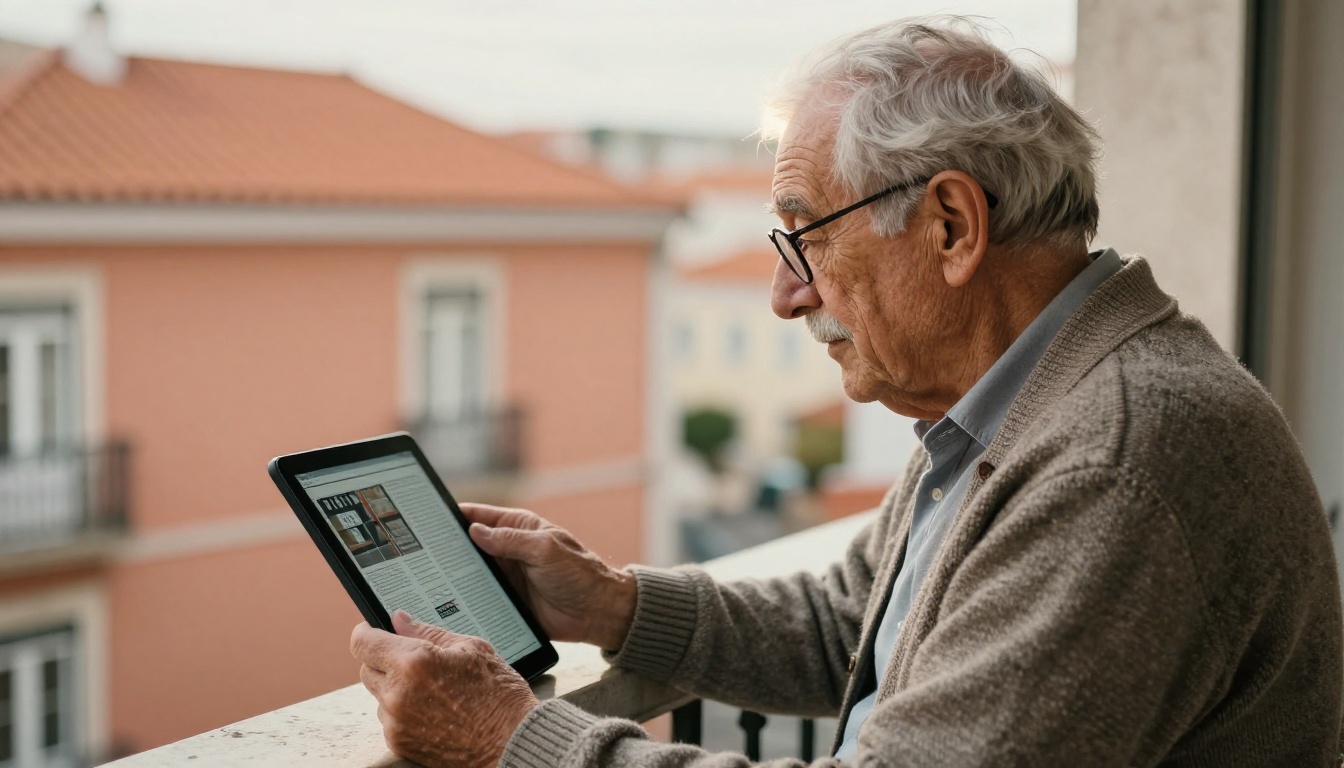 An older reader with enlarged magazine text on a tablet