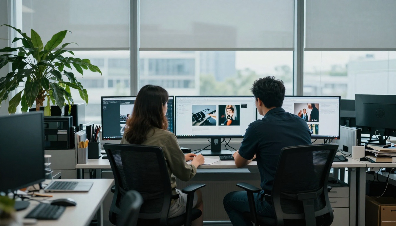 Colleagues reviewing alt text on a large monitor