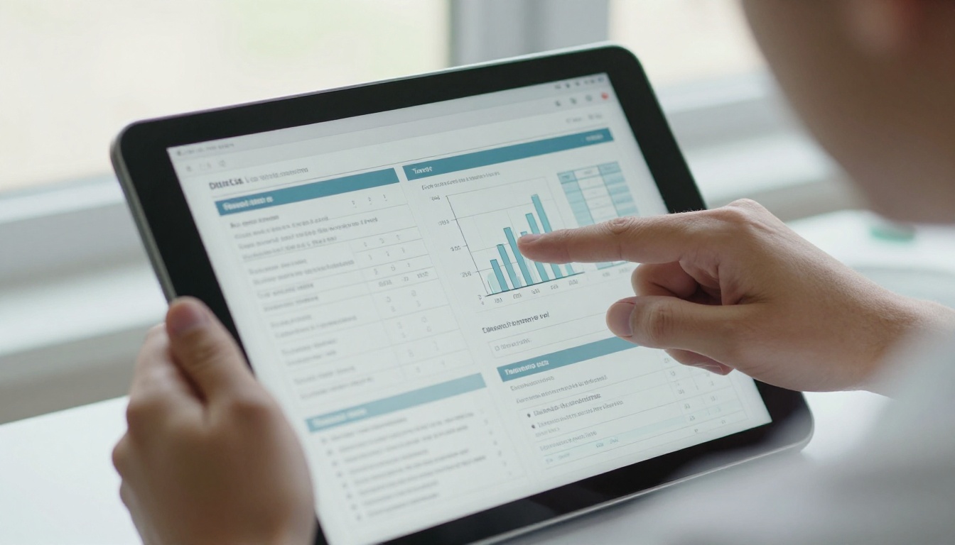 Rep swiping a tablet with trial charts while a doctor points at a graph