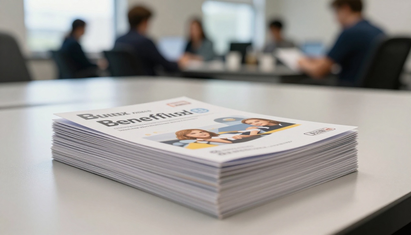 Stack of printed benefits booklets on a break room table