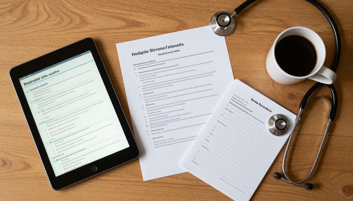 Overhead view of a physician desk with a tablet, a printed sell sheet and a stethoscope