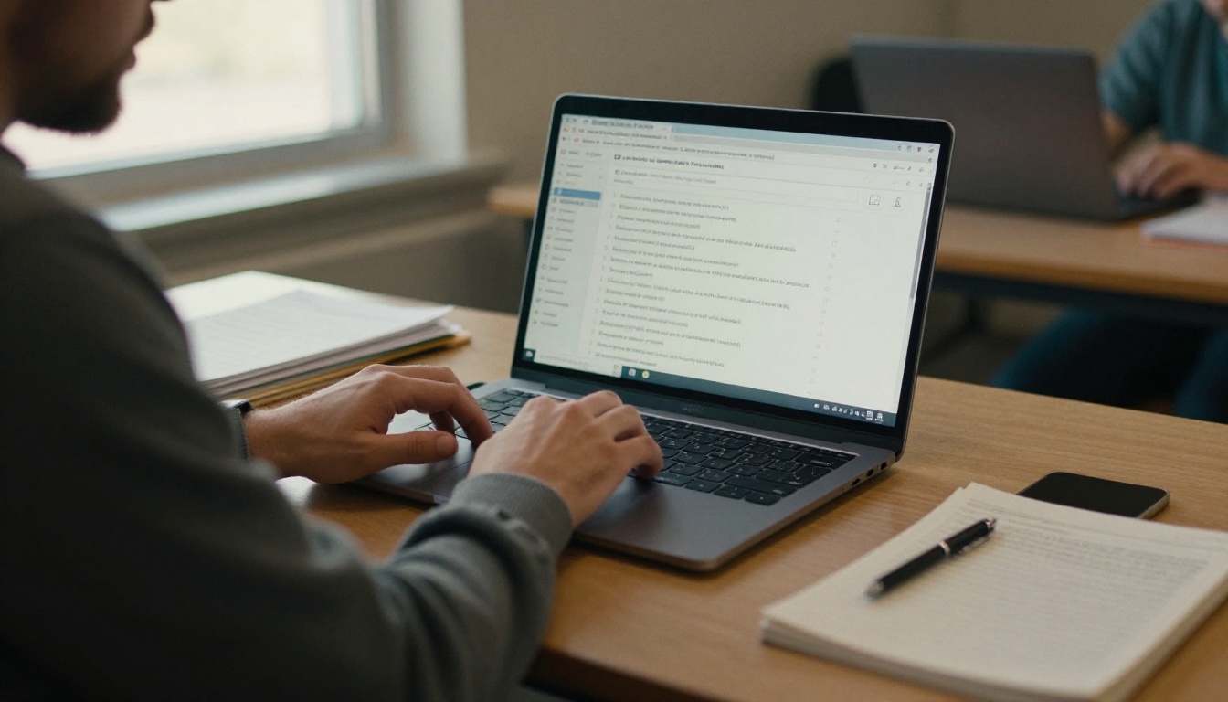 A man in a gray sweater typing a search into a laptop at a community center desk