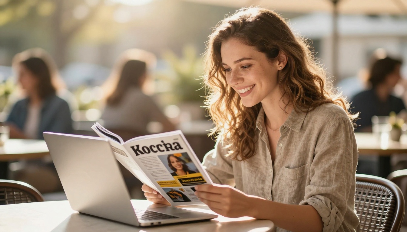 A freelance editor happily checking a published digital magazine