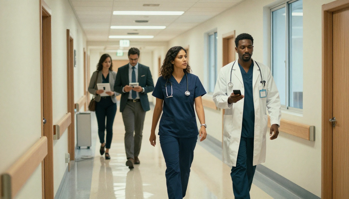 Doctor in scrubs walking in a hospital corridor with a rep holding a phone showing a product slide