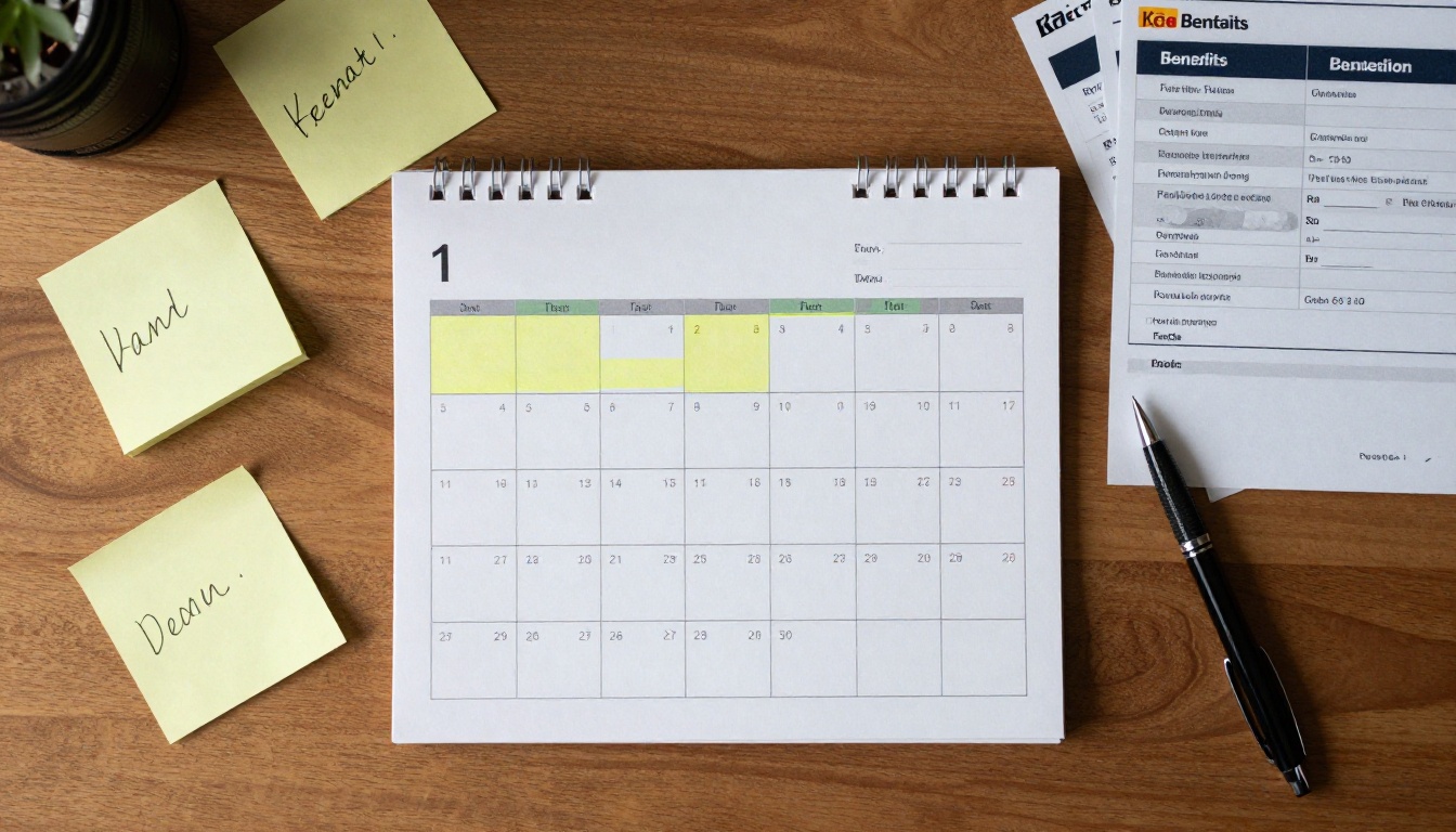 Aerial view of a desk with a deadline calendar and plan comparison