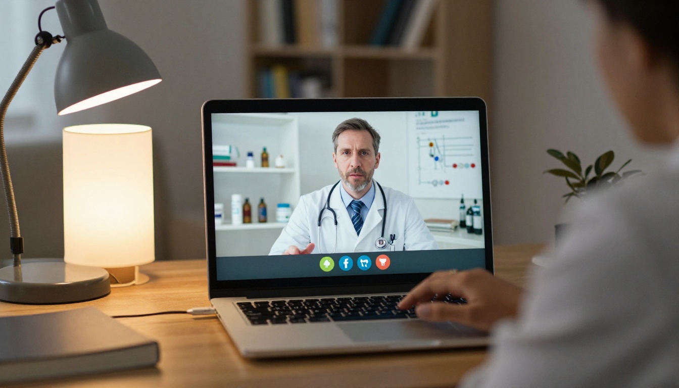 Doctor in a home office watching a rep share a mechanism of action slide on a laptop