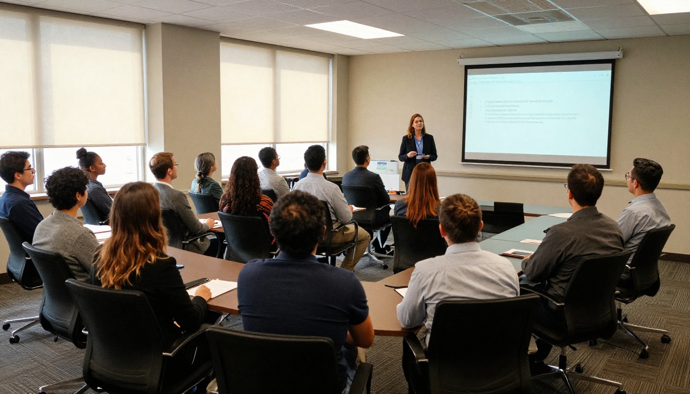 Employees listening to an HR presenter in a conference room