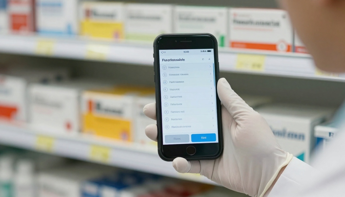 Close-up of hands holding a smartphone showing a dosage chart in front of pharmacy shelves
