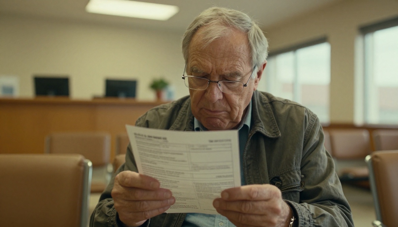An older man squinting at a small-print medical leaflet in a waiting room An older man squinting at a small-print medical leaflet in a waiting room