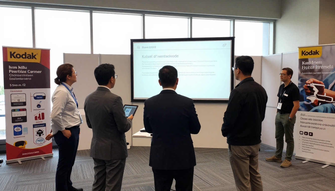 Medical conference booth with a rep showing a tablet to three physicians