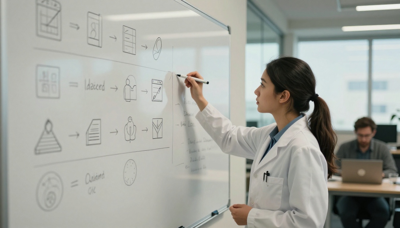 A health educator planning plain language content on a whiteboard A health educator planning plain language content on a whiteboard
