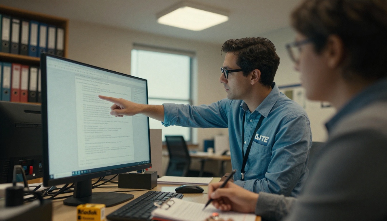 An IT volunteer pointing at a monitor while a coordinator takes notes in a small office