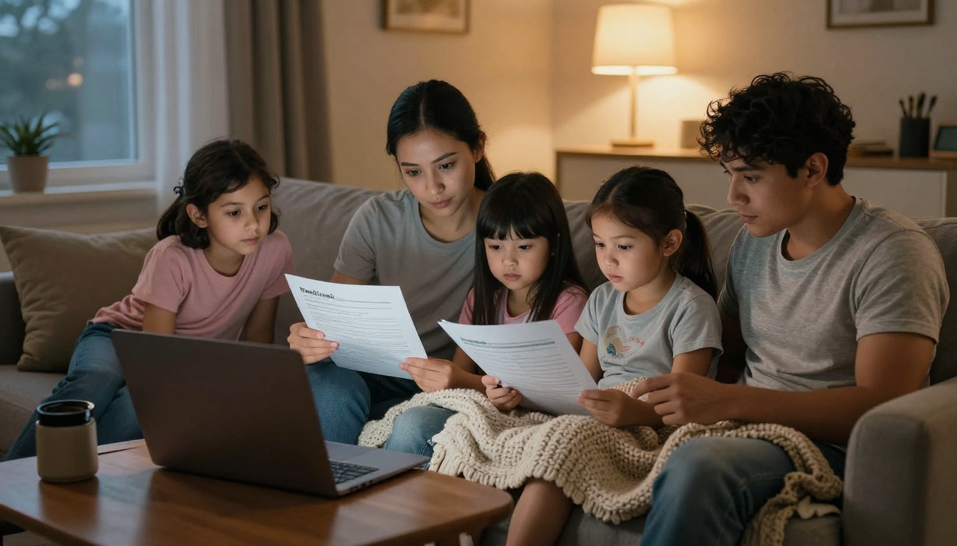 Family reviewing health plan papers together on a sofa