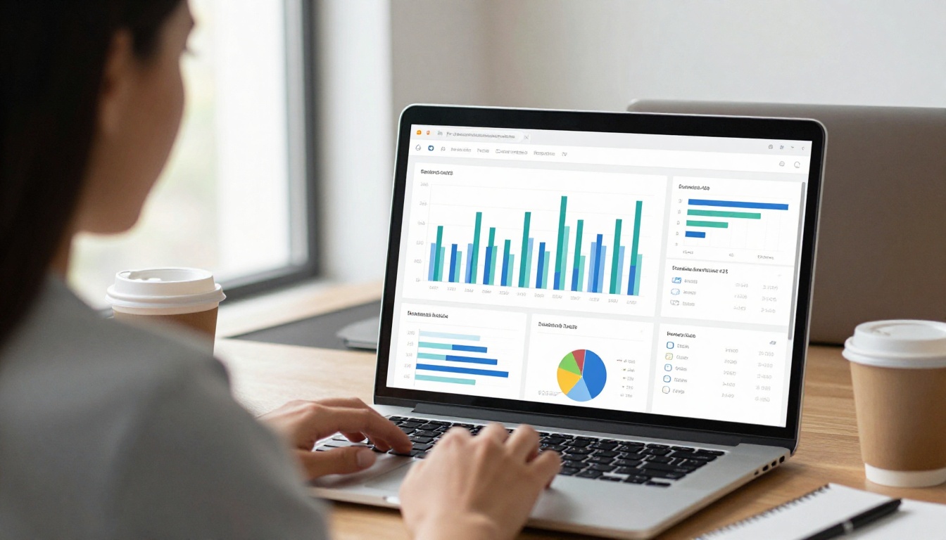Marketing manager reviewing page view charts on a laptop in a bright office