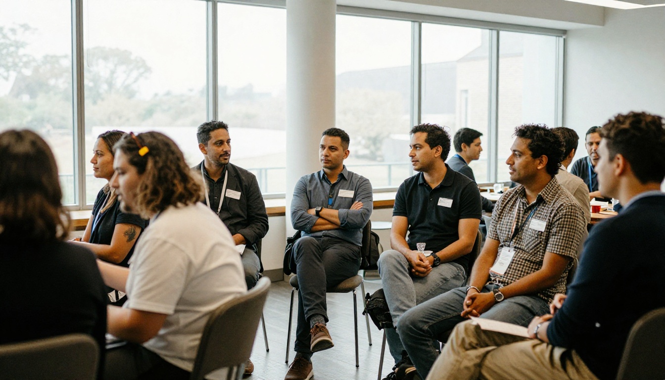 Members chatting at a networking event in a bright hall with name tags on their lapels