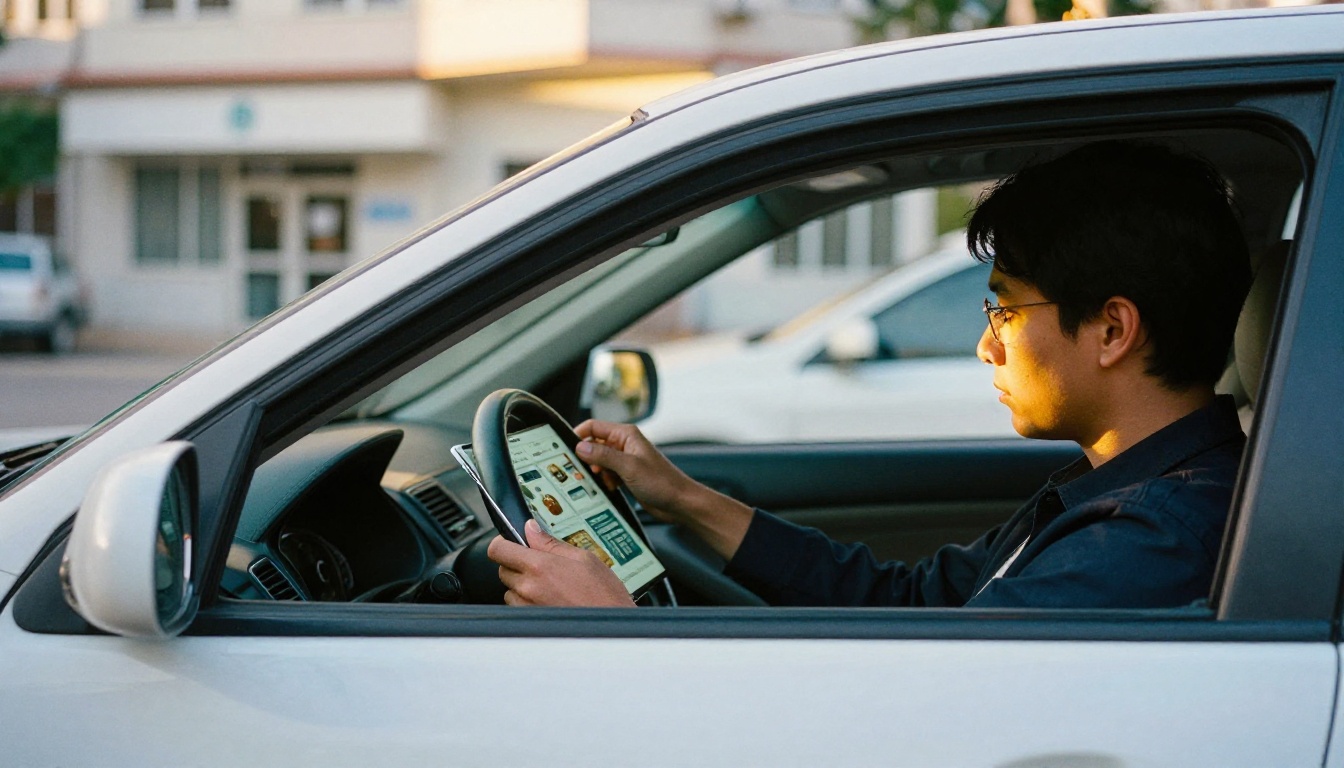 Rep in a parked car reviewing a product flipbook on a tablet before a clinic visit