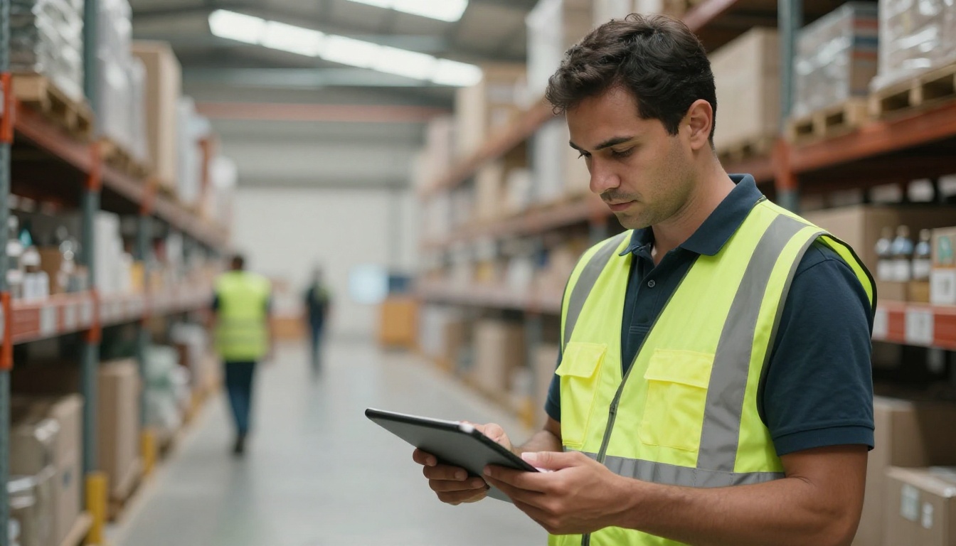 Warehouse worker checking a document on a tablet at a break area