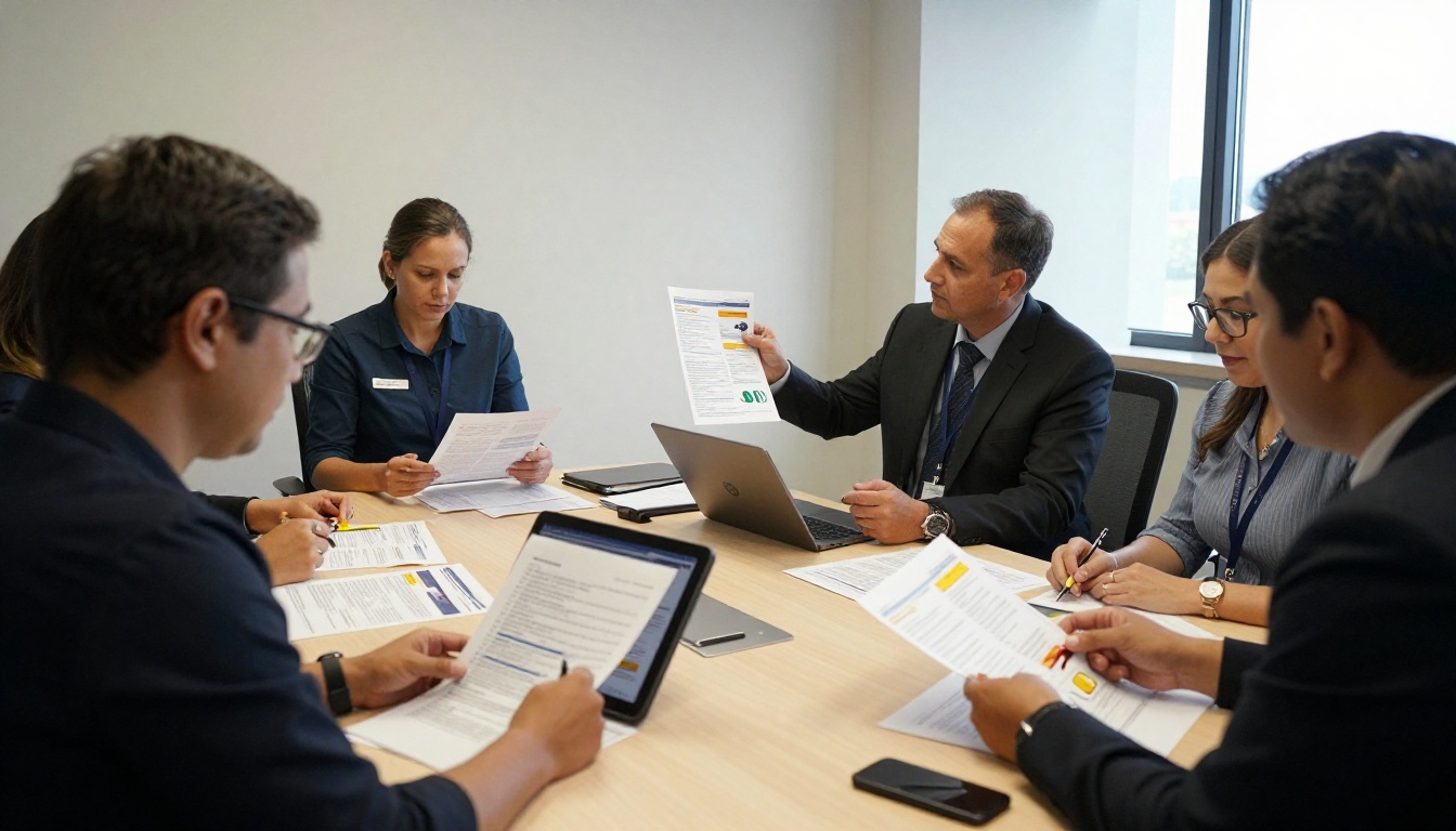 Four professionals around a conference table reviewing a printed and tablet brochure