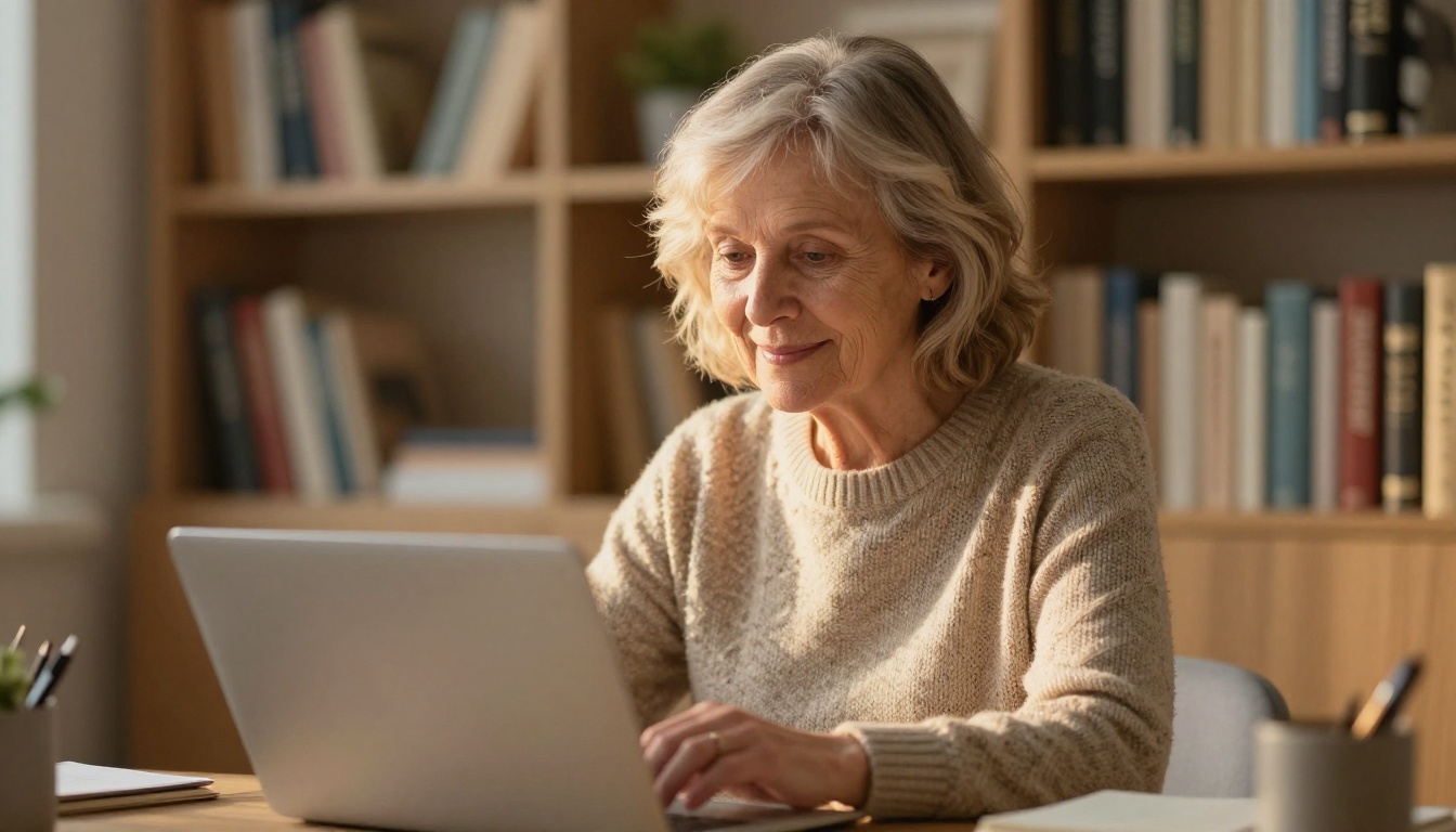An older woman board member smiling while reading a laptop in a tidy home office