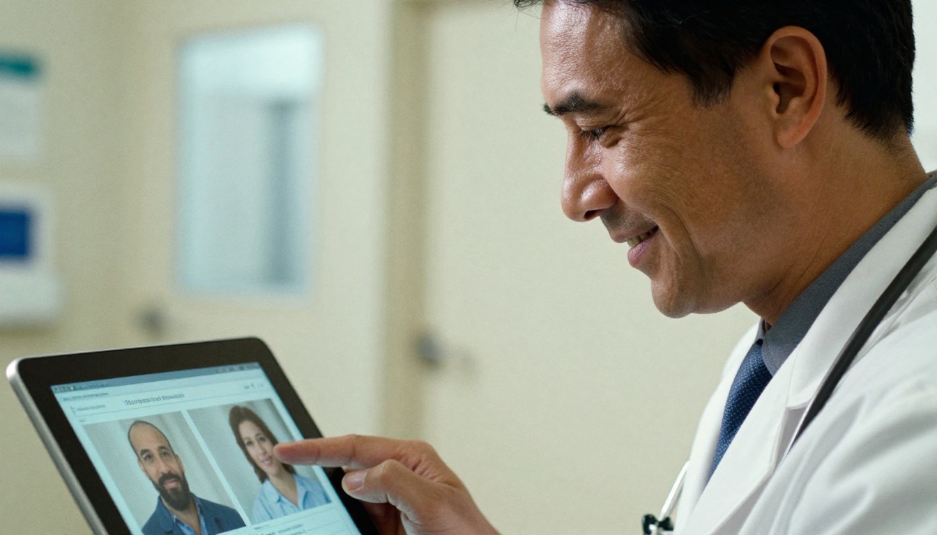 Doctor smiling while reading a patient education flipbook on a tablet between appointments