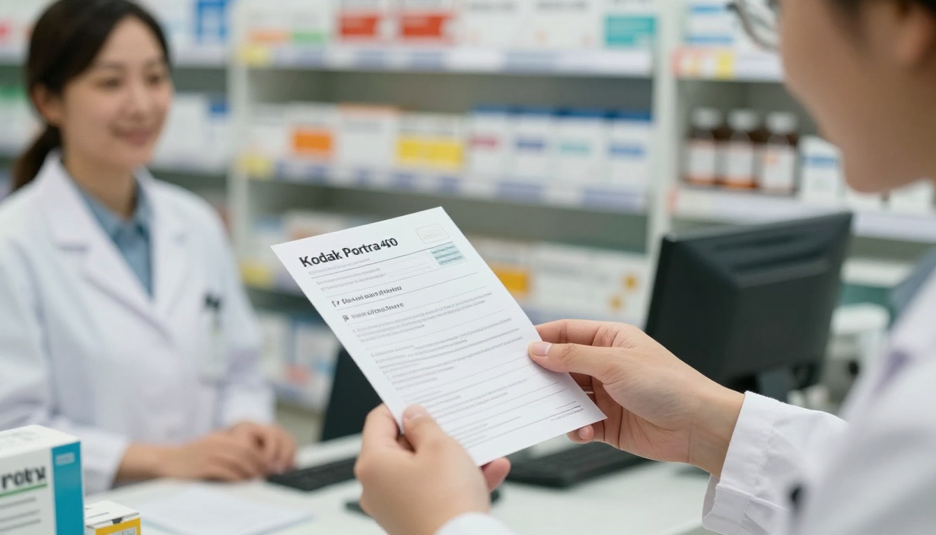 A pharmacist handing a folded medication leaflet to a customer A pharmacist handing a folded medication leaflet to a customer