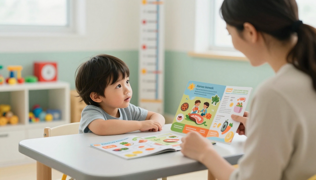 A mother and child reading a picture-based pediatric brochure together A mother and child reading a picture-based pediatric brochure together