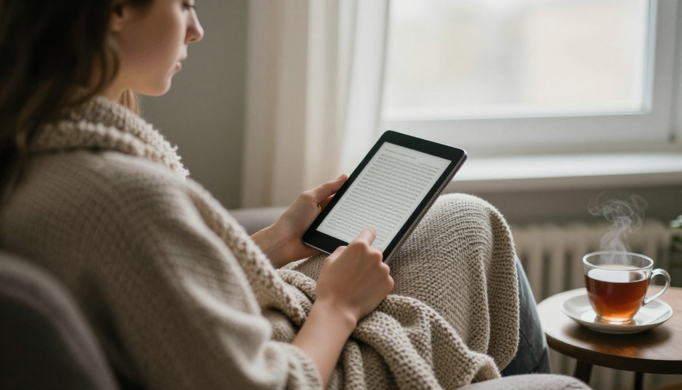 Woman reading an ebook on a tablet in an armchair by a window Woman reading an ebook on a tablet in an armchair by a window