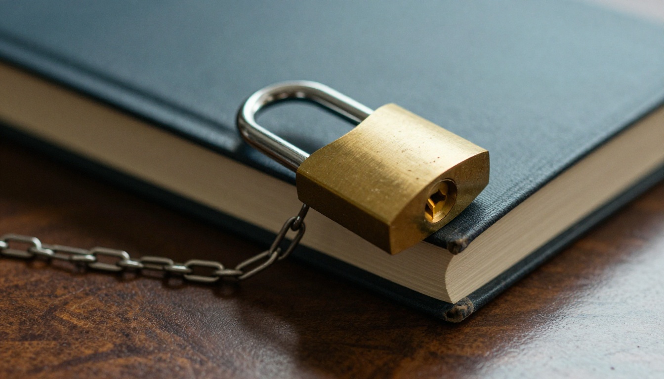 Brass padlock resting on a closed hardcover book Brass padlock resting on a closed hardcover book
