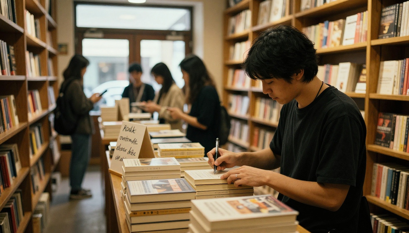 Author at a bookstore signing table with stacked paperbacks Author at a bookstore signing table with stacked paperbacks