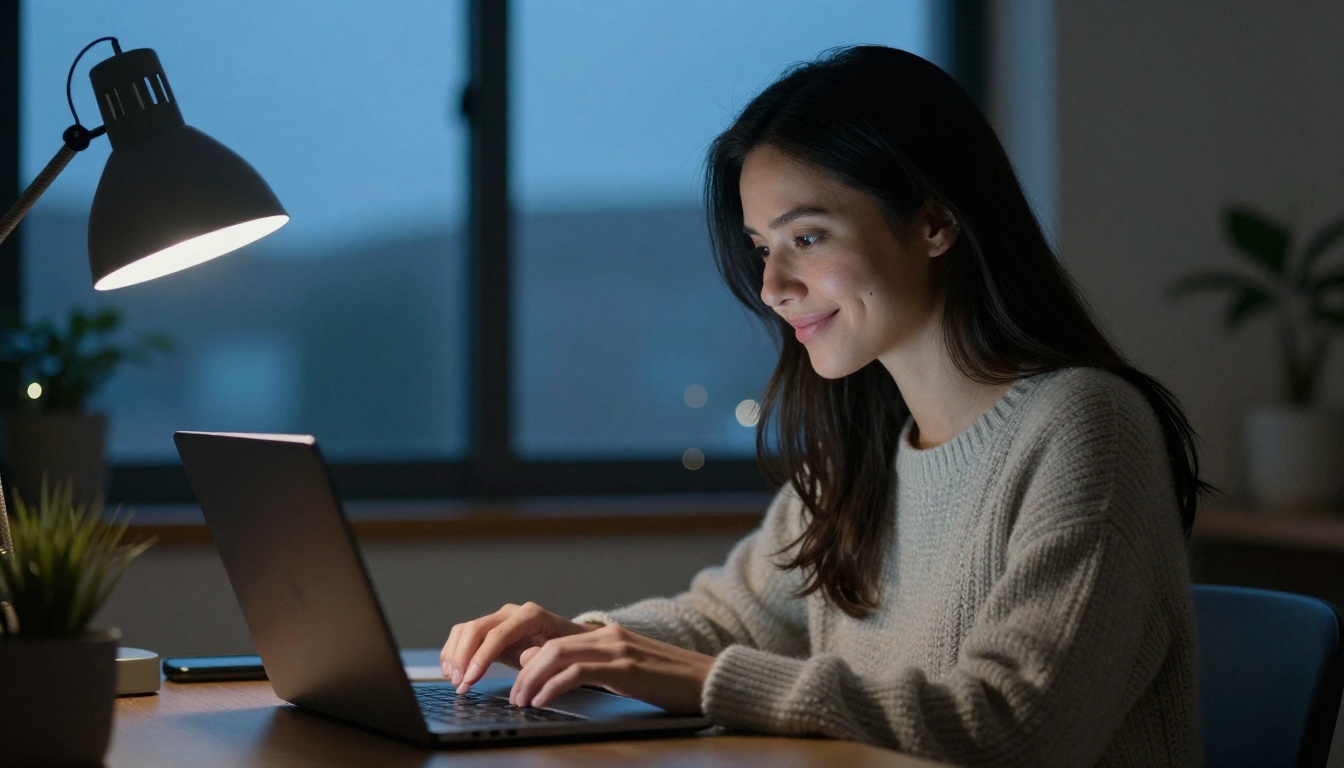 Woman smiling at her laptop in the evening checking reader activity Woman smiling at her laptop in the evening checking reader activity