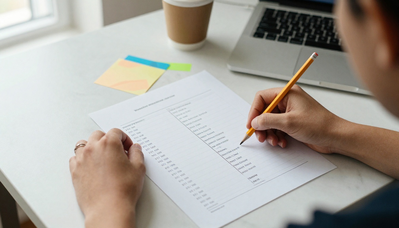 A wedding planner marking a printed timeline with a pencil at her desk
